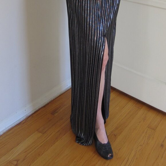 L’agence Maxi Dress S Black Metalic Shiny Open V Neck Neck Leg Slit Classy Glam - Picture 8 of 15